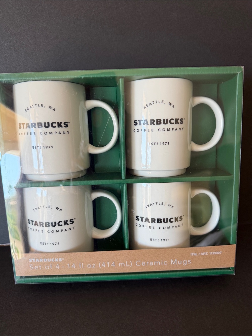 Starbucks White Ceramic Mugs 14 oz Green Gift Box set of 4 new